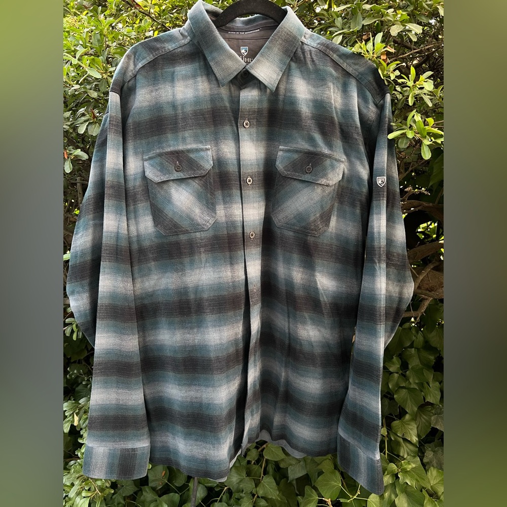 Kuhl Men's Teal and Black Plaid Button Down Shirt